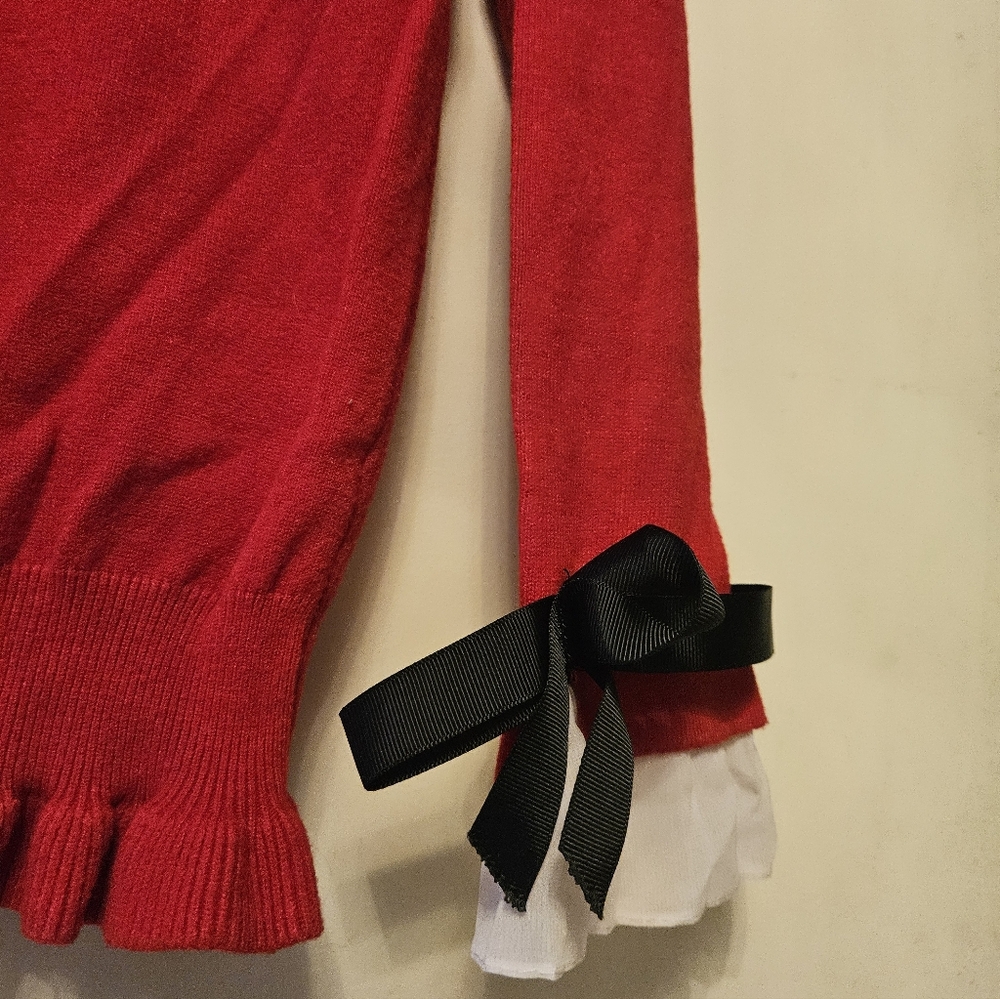 Chrismas Holliday Red Sweater with Ruffles Hem White Ruffle Cuffs Black Bows S